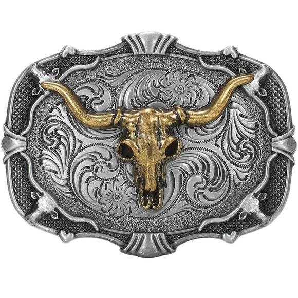 Silver and Gold Bull Skull Belt Buckle - Picture 1 of 3